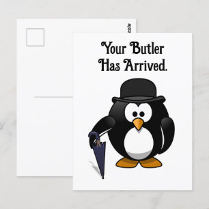 Cute Classy Butler Penguin Tecknad med Umbrella Vykort