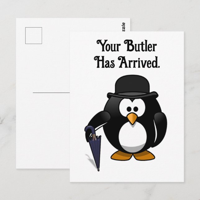 Cute Classy Butler Penguin Tecknad med Umbrella Vykort (Fram/baksida)