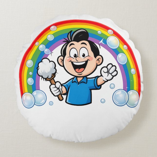 Cute Cleaning Mascot Rainbow Cartoon Design Art Rund Kudde (Framsidan)