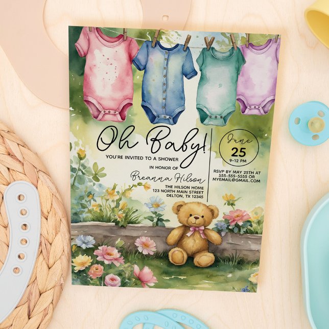 Cute Clothesline Bodywear Watercolor Baby Shower Inbjudningar (Skapare uppladdad)