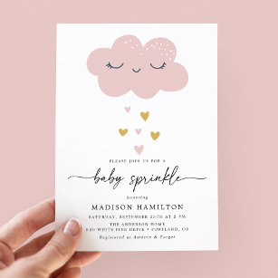 Cute Cloud och Hearts Rosa och Guld Baby Sprinkle Inbjudningar