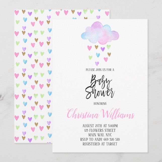 Cute Cloud Rain Rainbow Watercolor Baby Shower Inbjudningar (Fram/baksida)