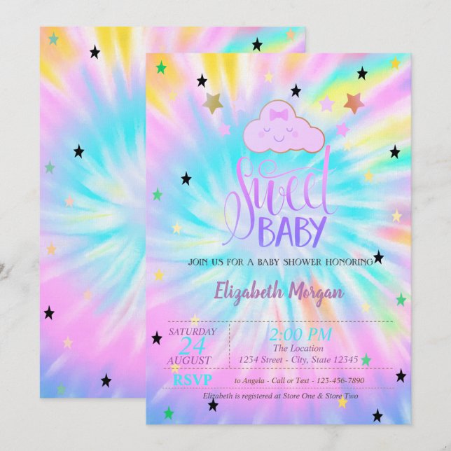 Cute Cloud,Stars,Sweet Baby Tie Dye Baby Shower Inbjudningar (Fram/baksida)