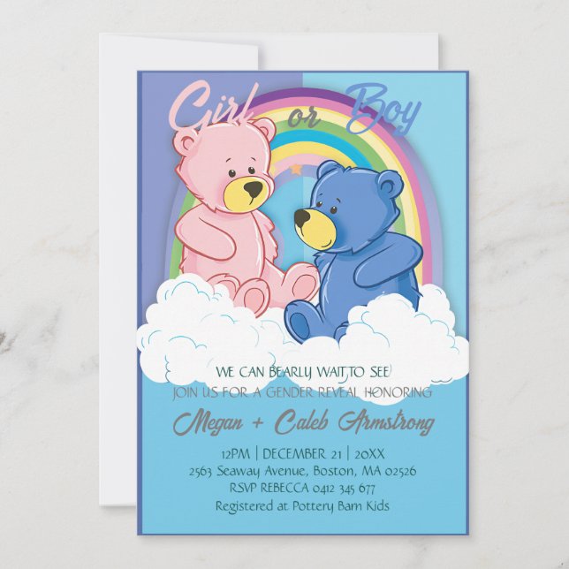 Cute Cloudy Rainbow Himlar Bear Gender Reveal Part Inbjudningar (Framsida)