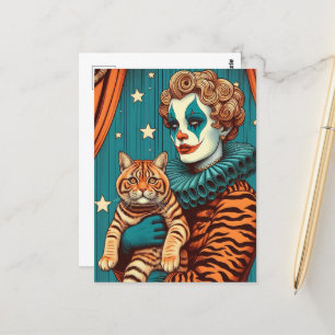 Cute Clown and Tabby Ginger Cat Vykort