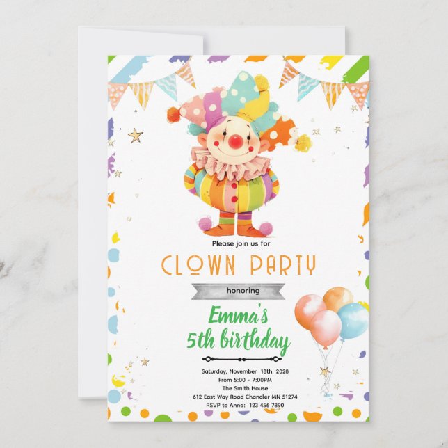 Cute clown birthday party invitation inbjudningar (Framsida)