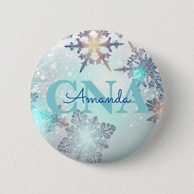 Cute CNA Ice Blue Snowflake Personlig Namn Knapp (Framsida)