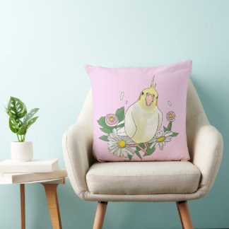 Cute Cockatiel Floral Illustration Kudde