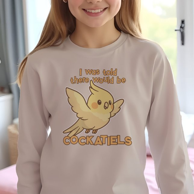Cute Cockatiel Kawaii Gult Pet Bird Jag fick veta  T Shirt ("I Was Told There Would Be Cockatiels" tee with chubby yellow kawaii cartoon pet bird in flight)