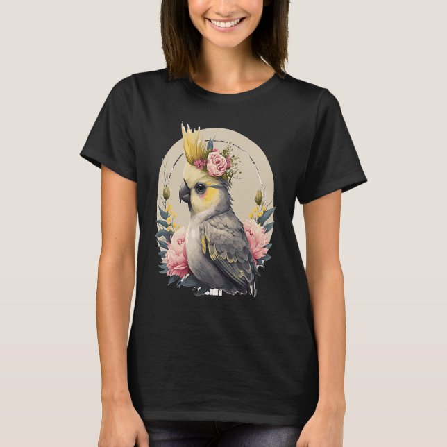 Cute Cockatiel Parrot Bird Flower Crown Pet Birds T Shirt (Framsida)