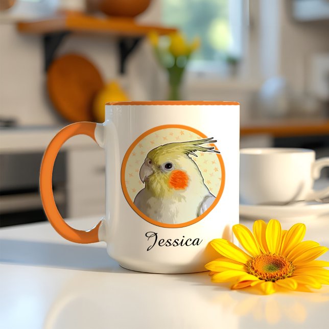 Cute Cockatiel Pet Bird Roligt Modern Parrot Portr Mugg (Personalized Cockatiel mug with a cheerful pet bird portrait, framed proudly inside a pop of orange.)