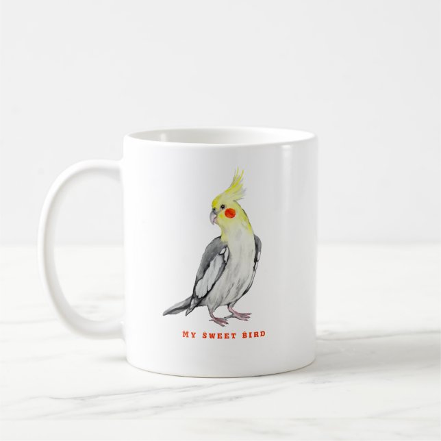 Cute Cockatiel Watercolor Parrot. Kaffemugg (Vänster)