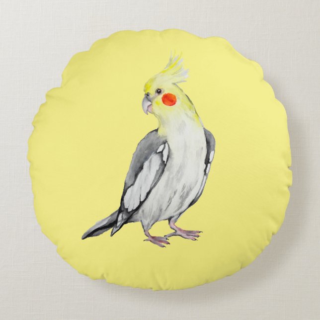 Cute Cockatiel Watercolor Parrot. Rund Kudde (Framsidan)