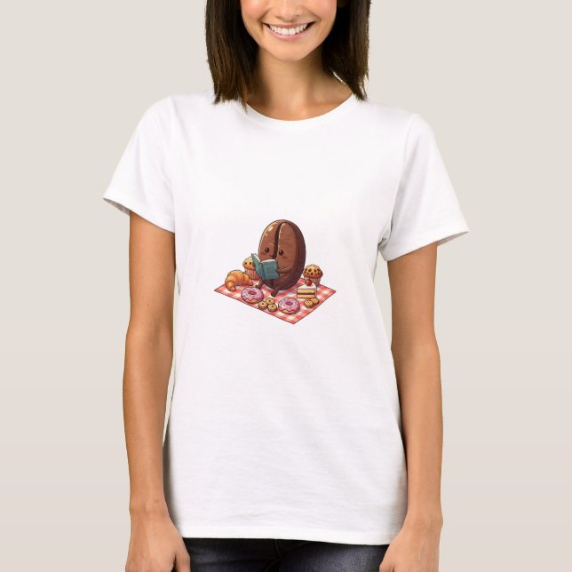 Cute Coffee Bean Reading Book at Pastry Picnic T Shirt (Framsida)