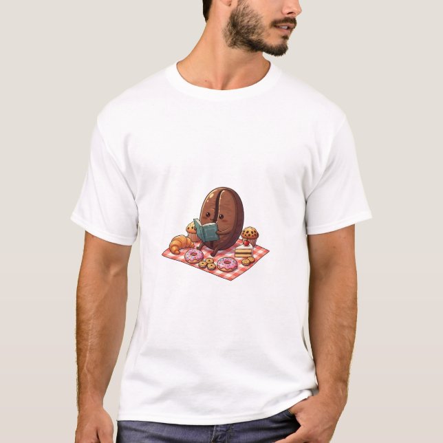 Cute Coffee Bean Reading Book at Pastry Picnic T Shirt (Framsida)