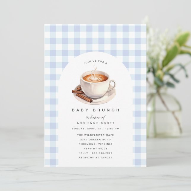 Cute Coffee Blue Gingham Boy Shower Brunch Inbjudningar (Stående Fram)