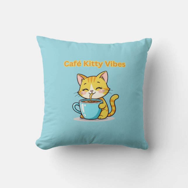 **Cute Coffee Cat – Adorable Cat Drinking Coffee I Kudde (Framsida)