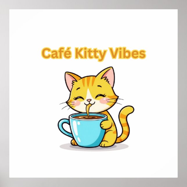 **Cute Coffee Cat – Adorable Cat Drinking Coffee I Poster (Framsidan)