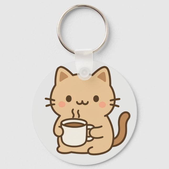 Cute Coffee Cat Kawaii Cozy Aesthetic Design Nyckelring (Framsida)