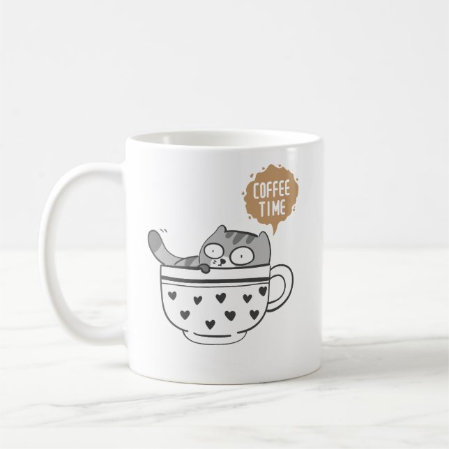 Cute Coffee Cat Mug Cozy “Coffee Time” Kitten Cup Kaffemugg (Vänster)