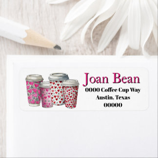 Cute Coffee Cups with Hearts in Pink and Red Returadress Etikett