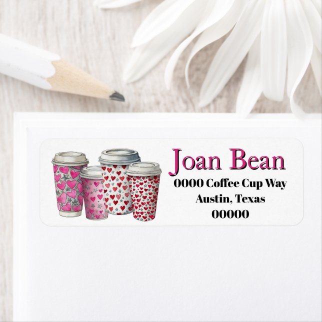 Cute Coffee Cups with Hearts in Pink and Red Returadress Etikett (Insitu)