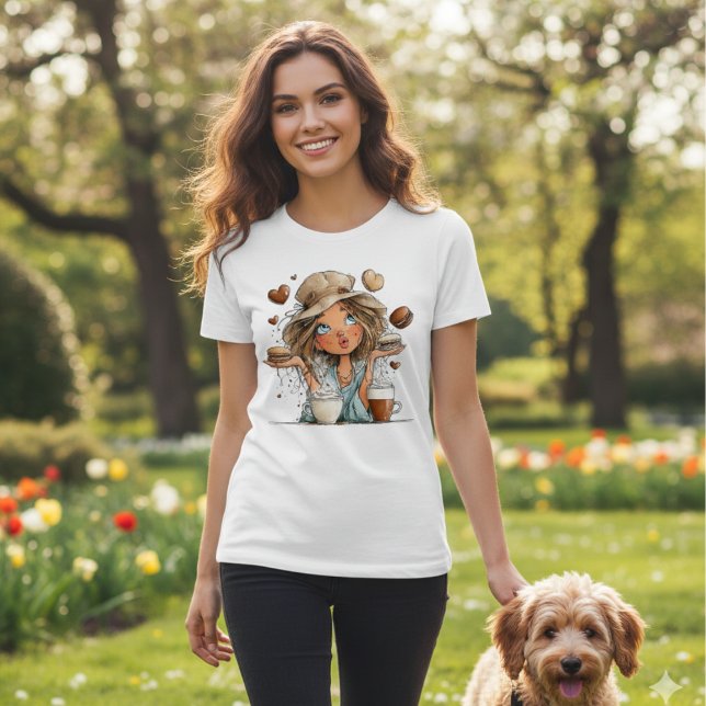 Cute Coffee Girl & Macarons – Whimsical Aesthetic  T Shirt (Skapare uppladdad)