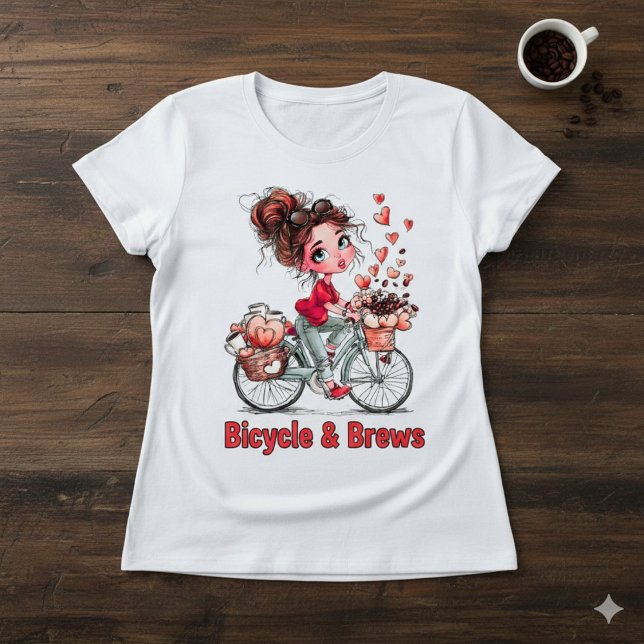 Cute Coffee Girl on Bicycle – Romantic Heart  T Shirt (Skapare uppladdad)