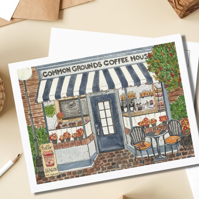 Cute Coffee House Storefront Watercolor Vykort (Skapare uppladdad)