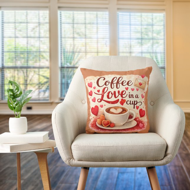 Cute Coffee Love in a Cup Valentine Quote Brown Kudde (16x16 square pillow. Great for gift for the coffee lover.)
