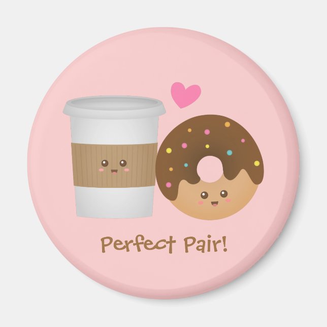 Cute Coffee och Donut i kärlek, Perfekt Pair Magnet (Framsidan)