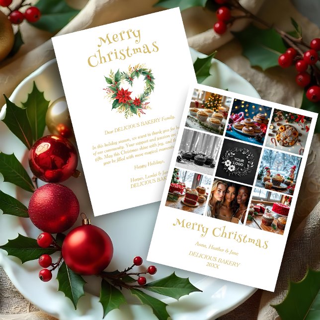 Cute Collage Christmas Wreath Heart-Shape Floral  Julkort (Cute Collage Christmas Wreath Heart-Shape Floral Red & Gold 8 Photos Business Holidays Cards.)