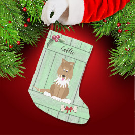 Cute Collie Hund Grönt Fence Monogram Liten Julstrumpa