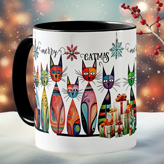 Cute Color Cats God jul Kaffemugg (A whimsical and artistic mug featuring an illustration of cute colorful cats with Christmas trees)