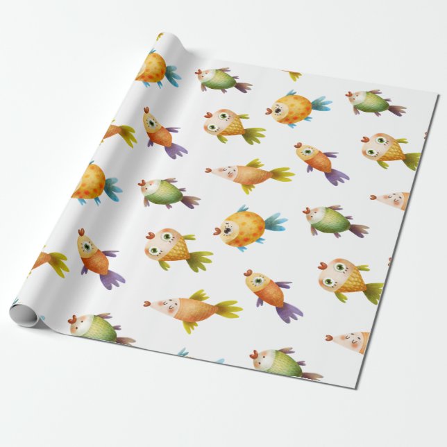 Cute Color Goldfish on White Presentpapper (Utrullad)