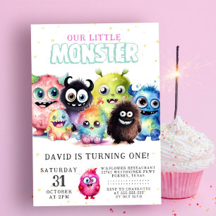 Cute Colorent Vår lilla monster 1:a födelsedag Inbjudningar