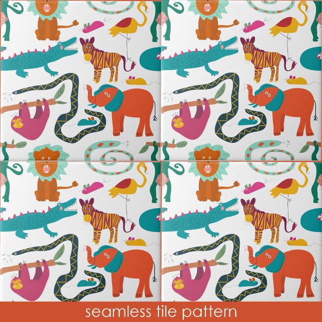 Cute Colorful Abstrakt Animals Kids Sömlösa Kakelplatta (Cute Colorful Abstract Animals Kids Seamless Ceramic Tile)