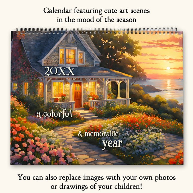 Cute Colorful Art eller Photo Large Kalender (Calendar featuring fun paintings in different art styles. All images paint the mood of the season)