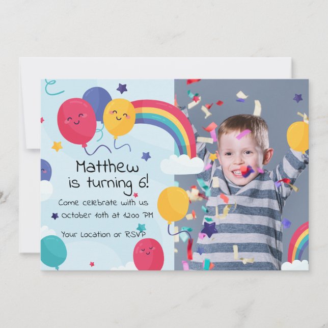Cute Colorful Balloand Rainbow Birthday Card Inbjudningar (Framsida)
