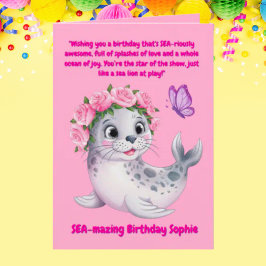 Cute Colorful Blommigt Sea Lejon Girly Barns födel Kort