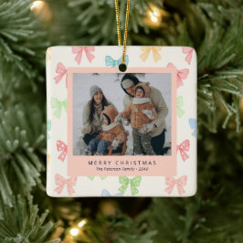 Cute Colorful Bow Pattern Family 4 Photo Holiday Julgransprydnad Keramik