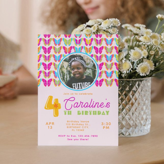 Cute Colorful Butterflies Girl 4e födelsedagen Par Inbjudningar (Skapare uppladdad)