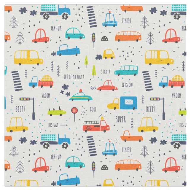 Cute Colorful Car Traffic Mönster Tyg (Närbild)