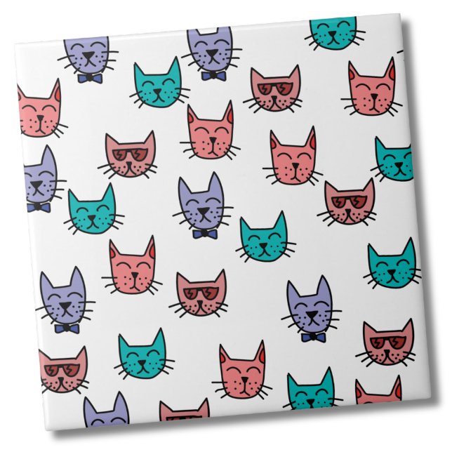Cute Colorful Cat Mönster Kakelplatta (Sketch Cat Pattern - Turquoise Pink Purple Ceramic Tile)