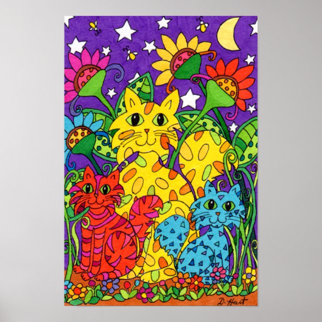 Cute Colorful Cats Garden Flowers Måne Teckning Poster (Framsidan)