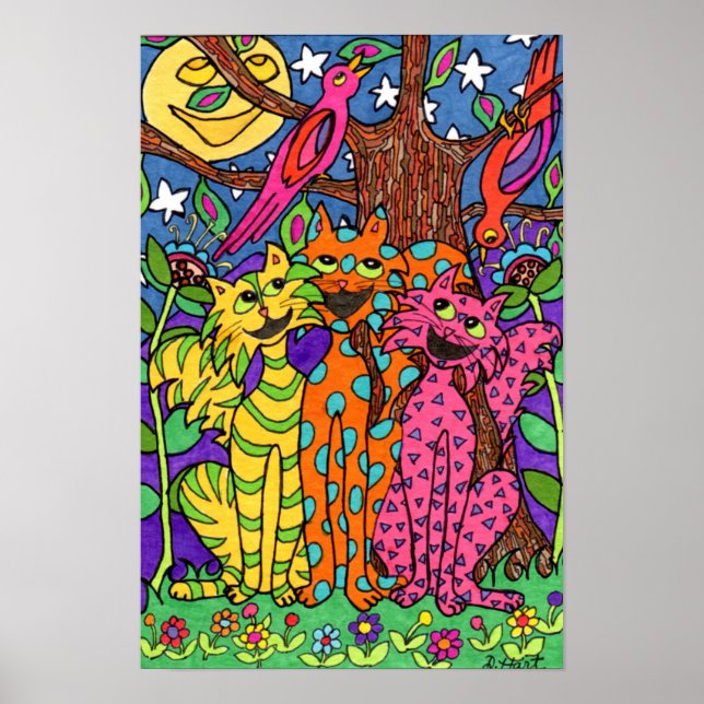 Cute Colorful Cats Singing Måne Tecknad Teckning Poster (Framsidan)