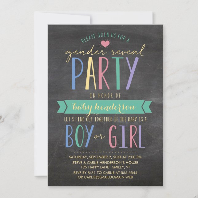 Cute Colorful Chalkboard Gender Reveal Party Inbjudningar (Framsida)