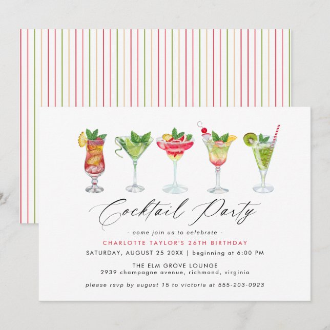 Cute Colorful Cocktail Party | Roligt Kvinnors föd Inbjudningar (Fram/baksida)