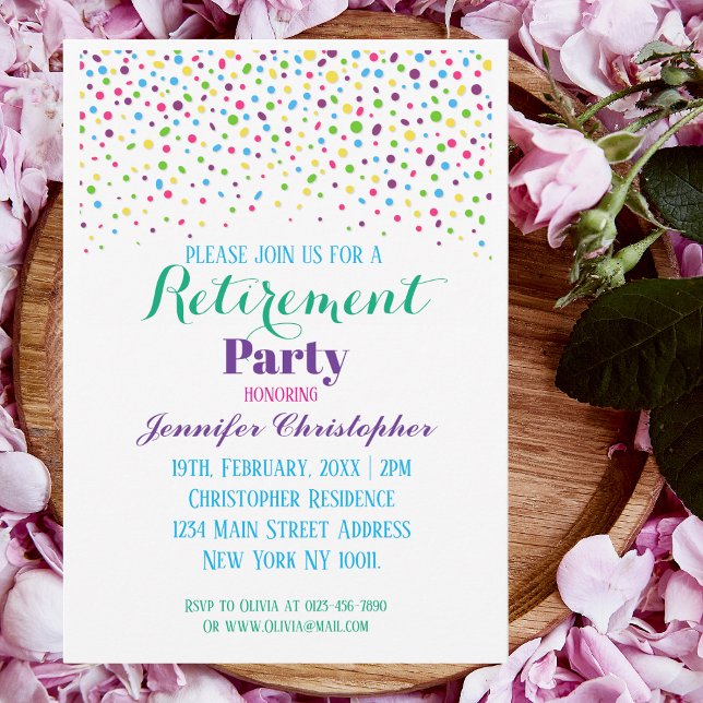 Cute Colorful Confetti Script pension party Inbjudningar (Skapare uppladdad)