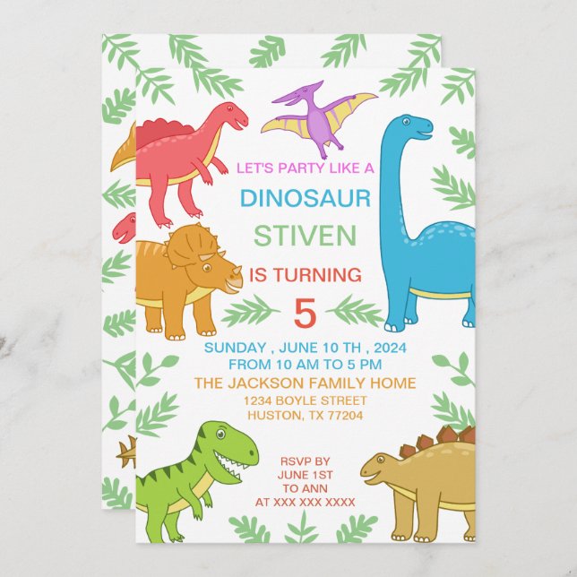 Cute Colorful Dinosaur Birthday Inbjudningar (Fram/baksida)
